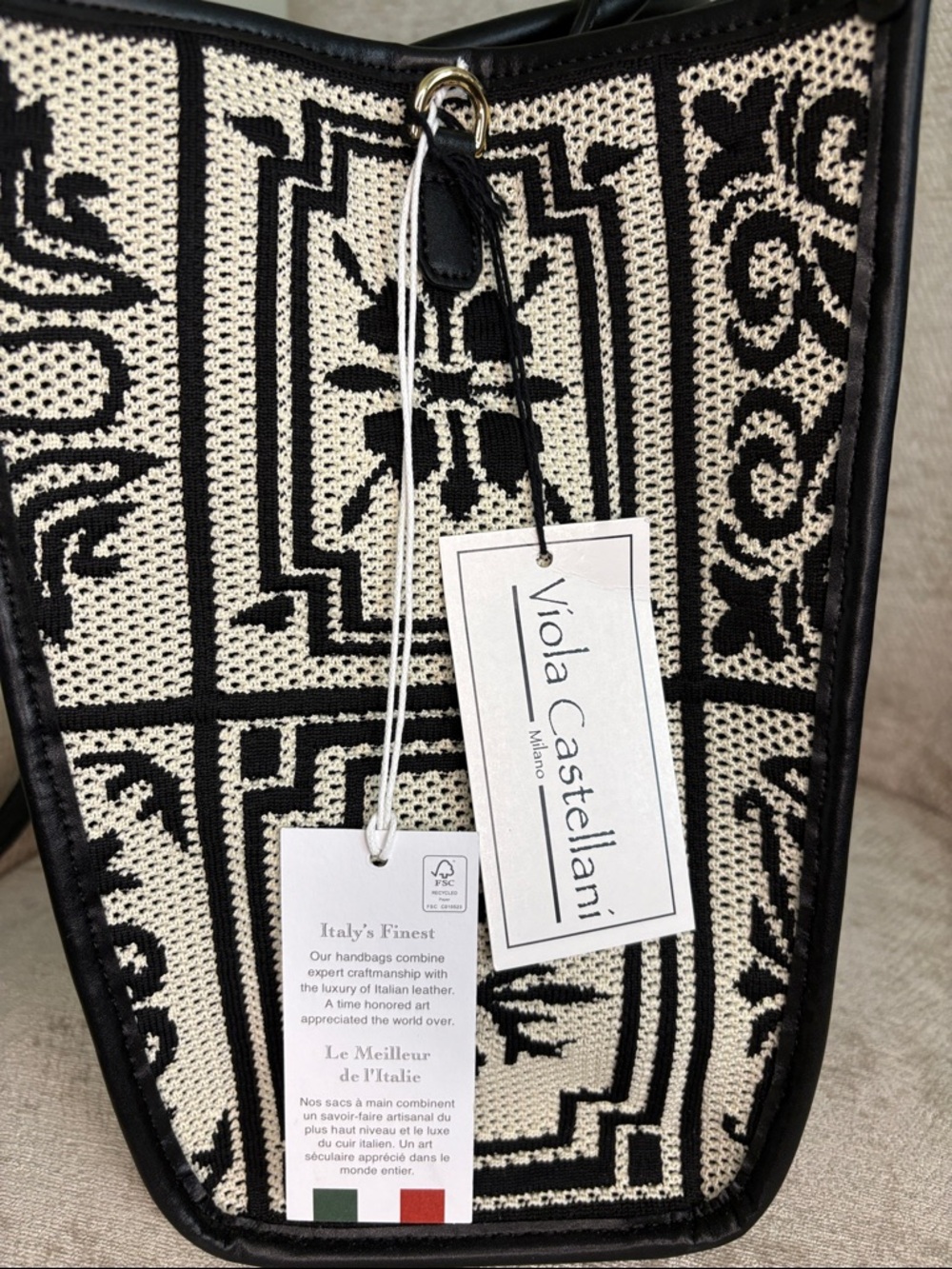 Viola Castellani leather crochet tote black/beige Made in Italy New - Picture 10 of 10
